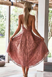 Vintage Dusty Rose High Low Lace Homecoming Dresses with Pocket V Neck Short Prom Dress JS952