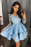 Vintage Long Sleeve Navy Blue V Neck Knee Length Homecoming Dresses with Lace JS855