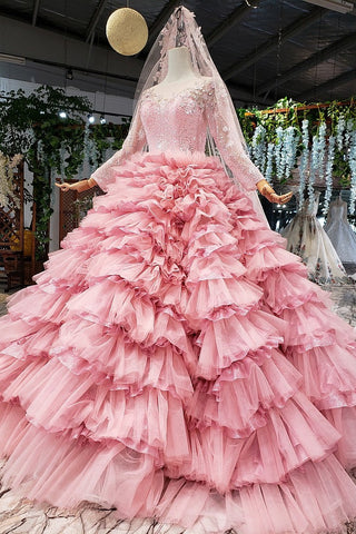 Beautiful Long Sleeves Pink Princess Dresses Elegant Long Wedding Dresses