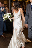 V Neck Open Back Sweep Train Beading Silk Beach Wedding Dresses