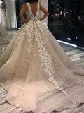 Shimmer Organza Ball Gown Wedding Dress With V Neck And Sequins Decorated