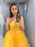 Fashion Yellow Tulle Prom Dress A Line Sleeveless Prom Gown