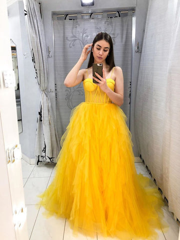 Fashion Yellow Tulle Prom Dress A Line Sleeveless Prom Gown