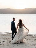 A Line V neck Wedding Dress With Sequins Romantic Wedding Gown