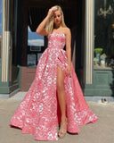 Strapless A Line Exquisite Lace Long Prom Dress with Pockets