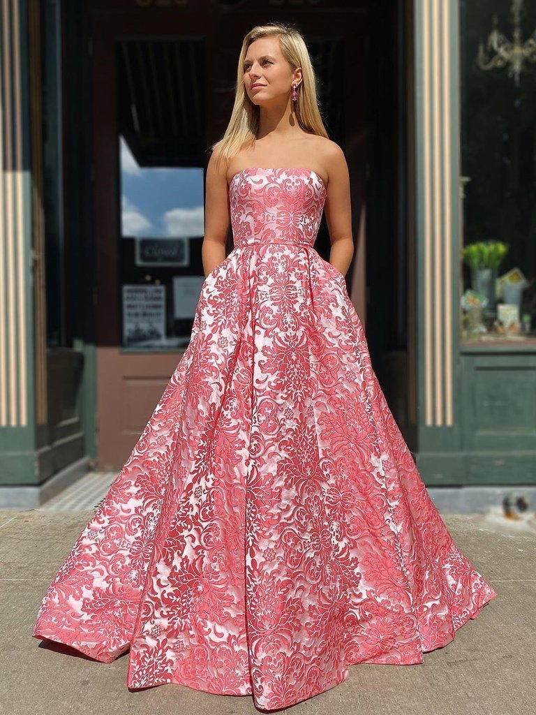 Strapless A Line Exquisite Lace Long Prom Dress with Pockets