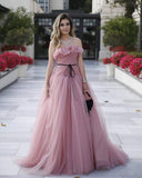 Dusty Pink A-line Strapless Long Prom Dresses Elegant Evening Dresses