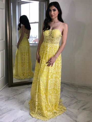 A-line Spaghetti Straps Yellow Lace Long Prom Dresses Party Dresses