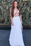 A Line V Neck White Embroidery Side Slit Chiffon Long Formal Dress Prom Dresses JS215