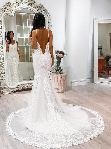 Backless White Lace Mermaid Spaghetti Straps Long Tulle Sexy Open Back