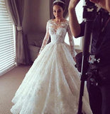 Modest Tulle Lace Long Sleeve Ball Gown Sheer Back Scoop Appliques Wedding Dress