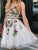 White Lace V Neck Homecoming Dresses with Floral Print Backless Short Prom Dresses H1259