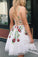 White Lace V Neck Homecoming Dresses with Floral Print Backless Short Prom Dresses H1259