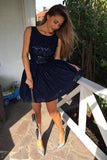 Popular Round Neck Sequins Dark Blue Short Prom Dresses Homecoming Dresses JS909