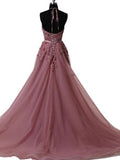 A Line Halter Lace Appliqued See-through Long Beads Lace up Tulle Backless Prom Dresses JS632