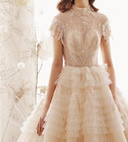 Elegant High Neck Ball Gown Wedding Dresses Short Sleeve Quinceanera Dresses JS773