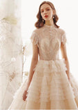 Elegant High Neck Ball Gown Wedding Dresses Short Sleeve Quinceanera Dresses JS773