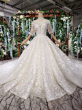 Lace Half Sleeve Round Neck Ball Gown Wedding Dresses Fashion Beads Wedding Gown JS775