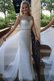 White Backless Sheer Silver Beaded Bodice with Sparkle Long Chiffon Sequin Prom Dresses JS110