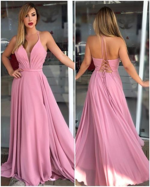 A Line V-neck Long Chiffon Prom Dresses Evening Dresses JS530