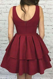 A Line V Neck Burgundy Short Open Back Prom Dress Sleeveless Homecoming Dresses UK JS755