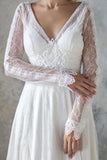 Elegant A Line V Neck Long Sleeve Ivory Lace Backless Beach Boho Wedding Dresses JS872