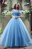 Elegant Ball Gown Off the Shoulder Blue Long Lace up Sweetheart Tulle Prom Dresses JS257