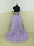 Spaghetti Straps High Low Prom Dresses Lilac V-neck Homecoming Dresses Tulle Long
