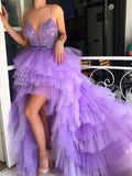 Spaghetti Straps High Low Prom Dresses Lilac V-neck Homecoming Dresses Tulle Long