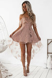 Cute A-Line High Low Blush Pink Spaghetti Straps Lace Short Homecoming Dresses JS04