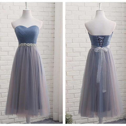 Simple Prom Dress A-Line Sweetheart With Sash Tulle Tea Length