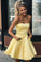 Yellow Satin Strapless Short Prom Dresses with Pockets Simple Homecoming Dresses H1224