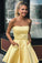 Yellow Satin Strapless Short Prom Dresses with Pockets Simple Homecoming Dresses H1224