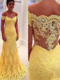 Elegant Sheath Yellow Lace Off Shoulder Long Prom Dresses JS662