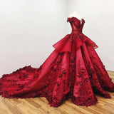 Chic Ball Gown V Neck Beads Appliques Red Off-the-Shoulder Long Prom Dresses JS139