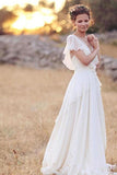 Elegant A-Line Ivory Flower Cap Sleeve V-Neck Chiffon Open Back Wedding Dresses