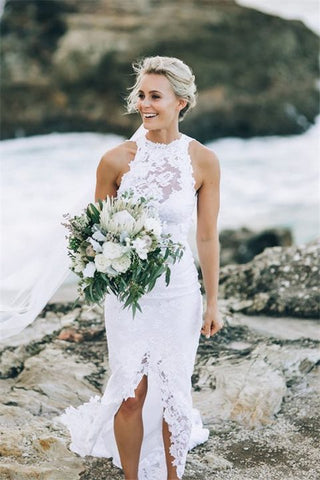 2024 Open Back Sleeveless Lace Halter Mermaid Slit Beach Wedding Dress White Bridals Dress JS323