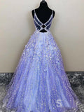 Lavender Spaghetti Straps Lace Floral A-line Formal Gowns Long Prom Dresses