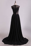 A Line Prom Dresses Scoop Chiffon With Applique And Slit Sweep Train