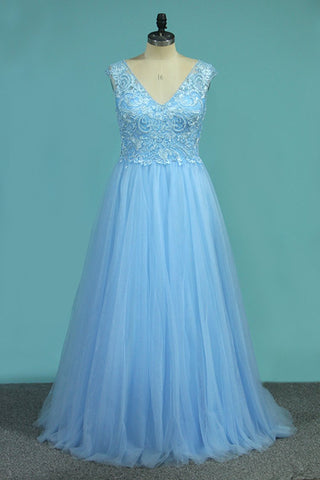 A Line V Neck Tulle Prom Dresses With Applique And Beads Floor Length