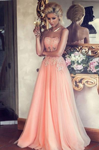 Blush Pink Tulle New Arrival A-line Strapless Lace Appliqued Long Sweet 16 Dress Party JS361