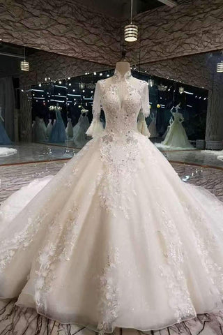 Luxurious High Neck Wedding Dresses Tulle With Sequins Beads Crystals