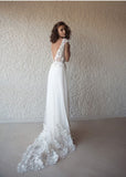 A Line Tulle Lace Appliques Wedding Dresses Short Sleeve Backless V Neck Bridal Dress JS494