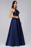 Cold Shoulder Sequin Navy Blue Prom Dresses Backless Satin Long Evening Dresses SJS15132