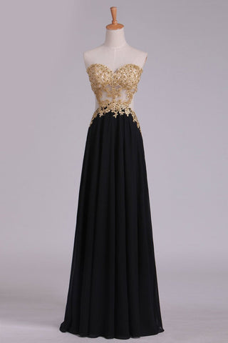 Sweetheart Prom Dresses A Line Chiffon With Gold Applique Sweep Train