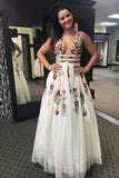 Fashion A Line Deep V Neck Backless Ivory Lace Prom Dress with Appliques JS567