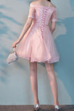 A Line Boat Neck Tulle With Applique Homecoming Dresses Short Sleeves