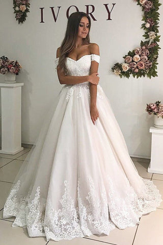 Off The Shoulder Appliques Sweep Train Wedding Gown