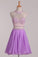 Two-Piece Halter Open Back Homecoming  Dresses Beaded Bodice Chiffon A Line