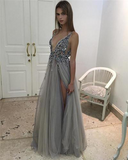 Ball Gown Grey Backless V-Neck Long Tulle Sleeveless Evening Gowns with Sparkle Slit JS41